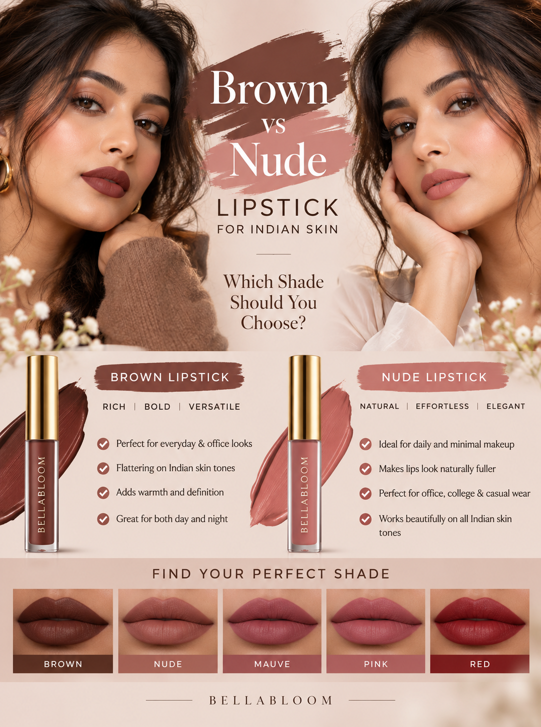 Brown vs Nude Lipstick for Indian Skin — BellaBloom lipstick shade guide