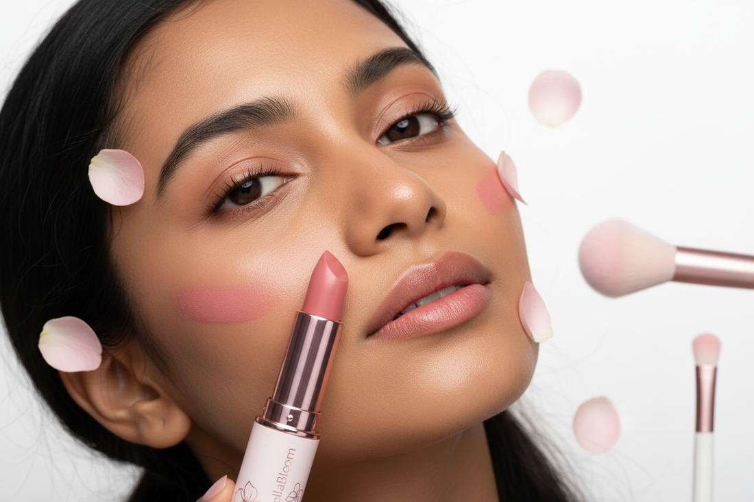 Minimalist makeup using one BellaBloom lipstick as blush, eyeshadow and lip tint for Indian skin tones