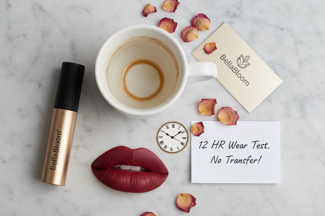 Transfer-proof BellaBloom lipstick lasting 12 hours — no marks on coffee cup, smudge-proof for Indian skin tones