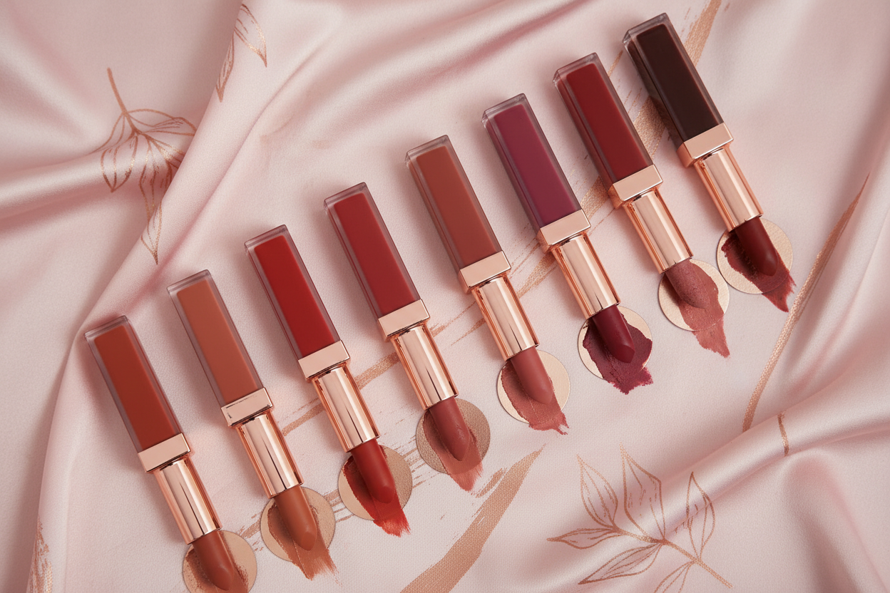Best lipstick shades for Indian skin tones — nude, red and berry flat-lay by BellaBloom