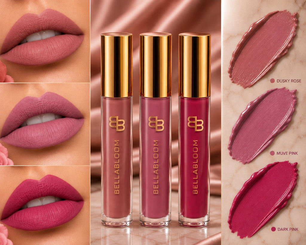 BellaBloom Red, Pink & Nude liquid matte lipstick 5ml Ruby Nude Trio family