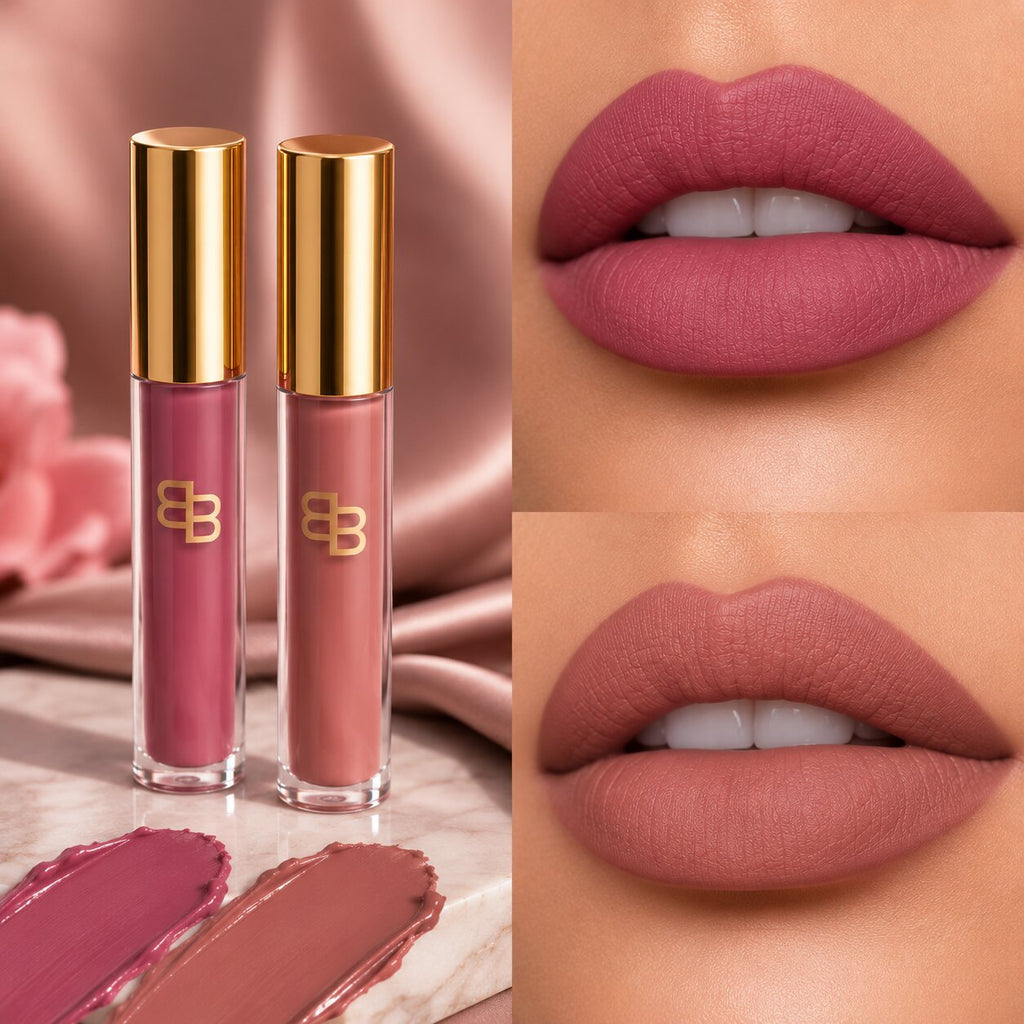 BellaBloom Rose Pink & Nude Brown liquid matte lipstick 5ml Mauve Mocha Duo 2 family