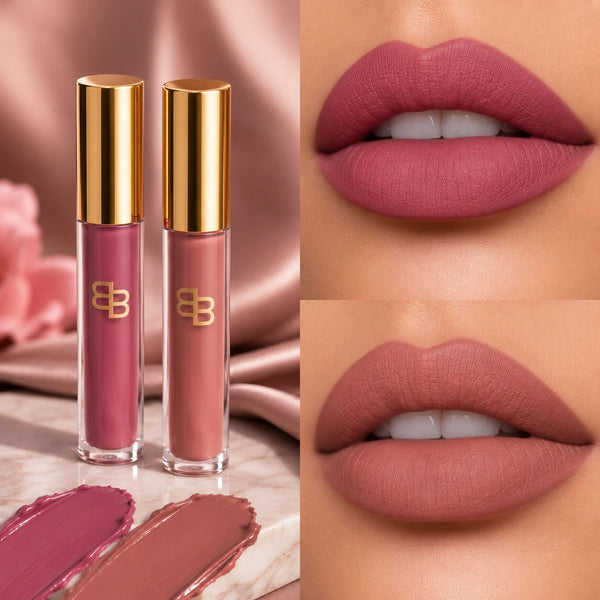 BellaBloom Rose Pink & Nude Brown Lipstick Mauve Mocha Duo 2 | Liquid Matte, Waterproof & Transfer Proof | 5ml