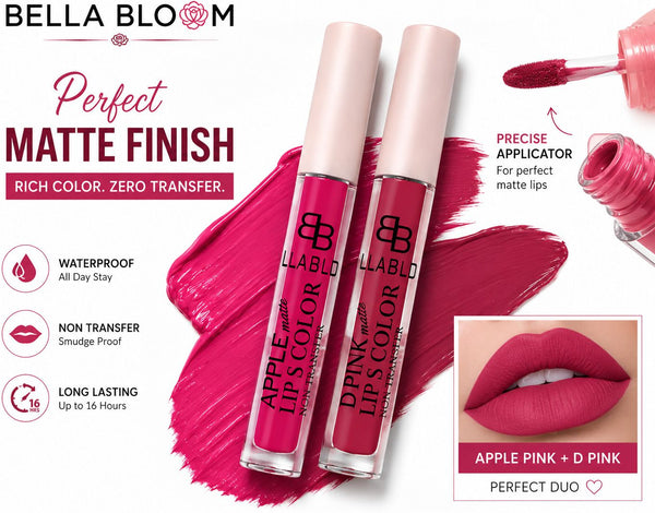 BellaBloom Apple Pink & Deep Pink Liquid Matte Lipstick | Waterproof | Transfer Proof | Smudge Proof | Long Lasting | 5 ml