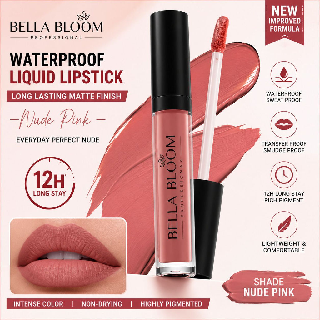 Bella Bloom Nude Pink::Shade-12 Liquid Matte Waterproof Lipstick