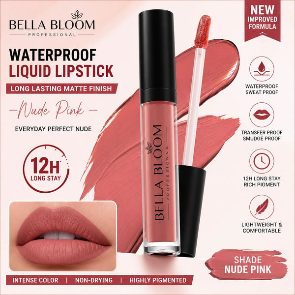 BellaBloom Nude Pink::Shade-12 Liquid Matte Lipstick | Waterproof | Transfer Proof | Smudge Proof | Long Lasting | 5 ml
