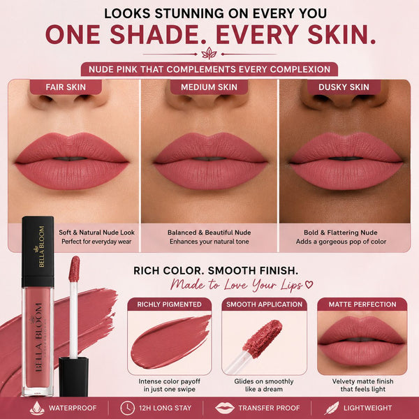BellaBloom Nude Brown Liquid Matte Lipstick | Waterproof | Transfer Proof | Smudge Proof | Long Lasting | 5 ml