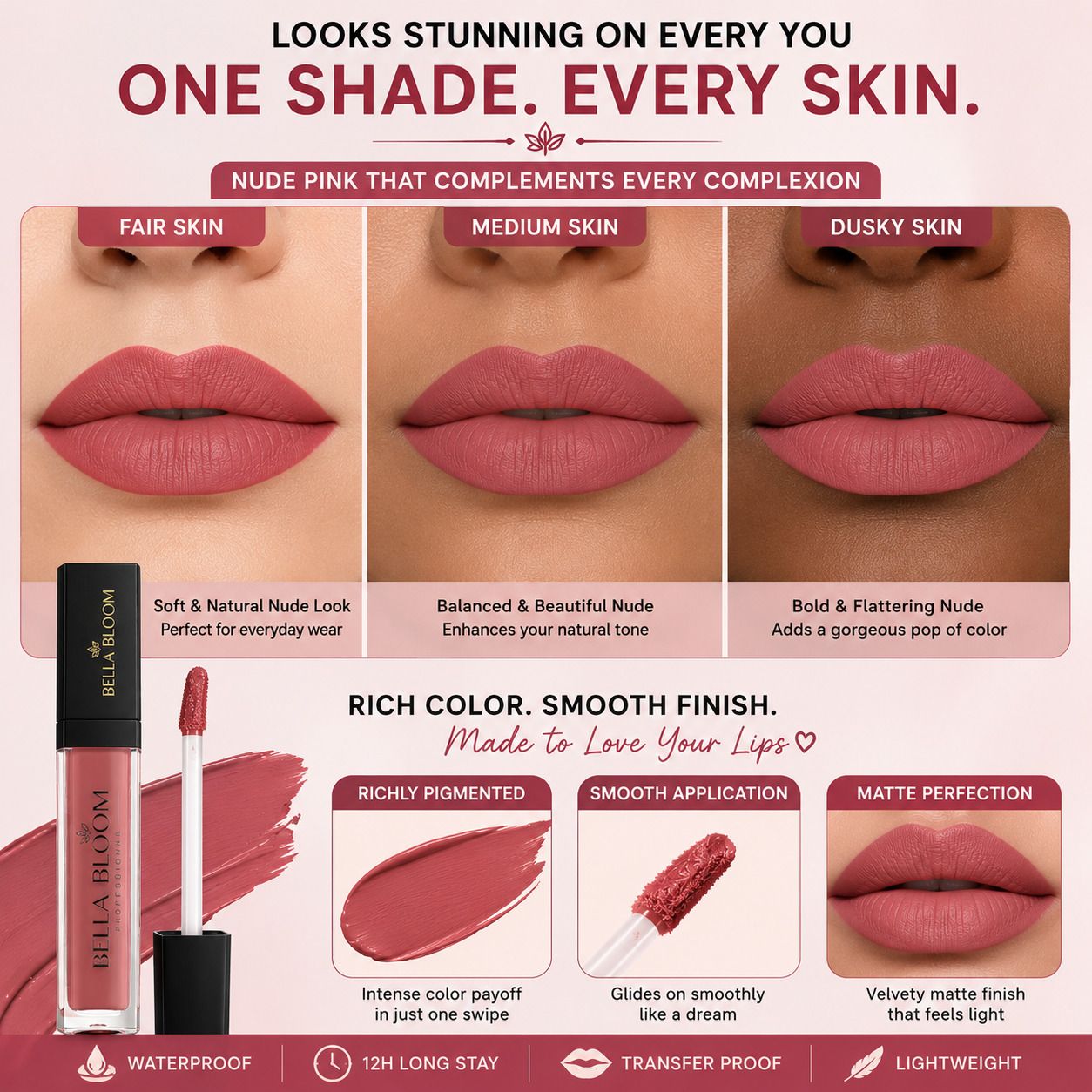 Bella Bloom Nude Pink::Shade-12 Liquid Matte Lipstick image 3
