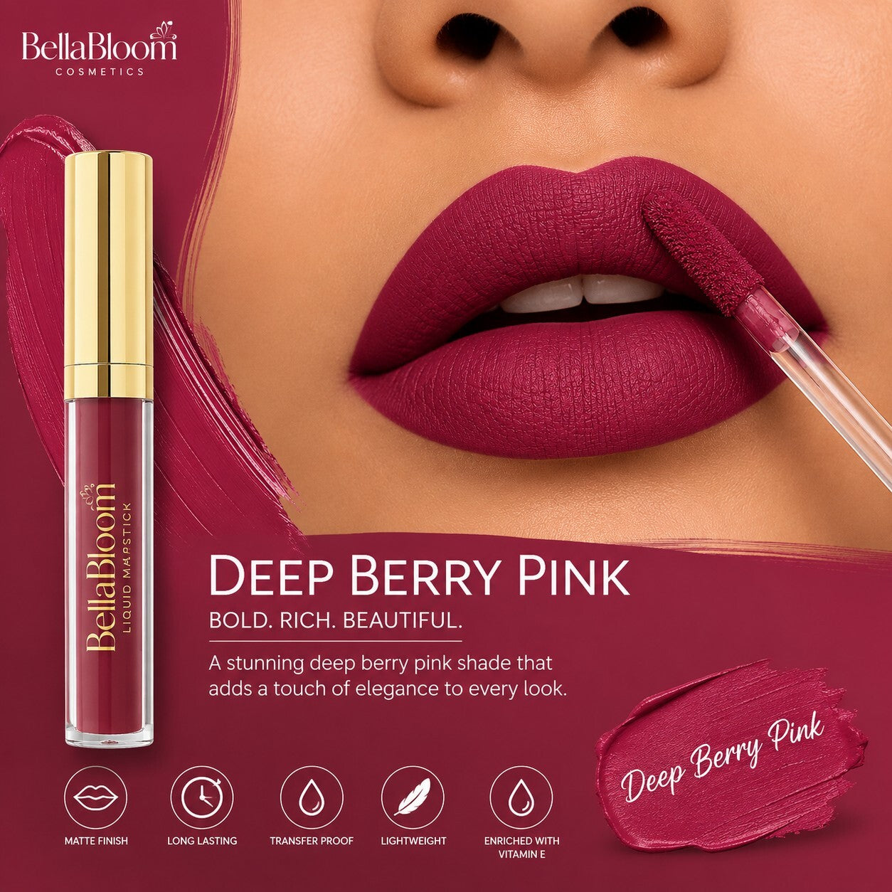 BellaBloom Dark Pink liquid matte lipstick in Pink Colour Family shade 20