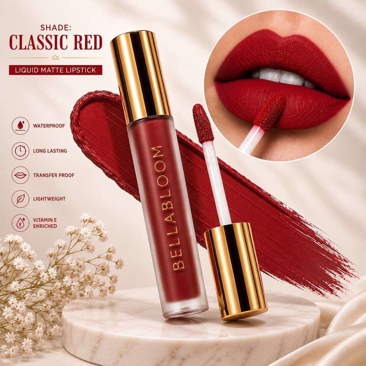 BellaBloom Classic Red liquid matte lipstick in Red Colour Family shade 06