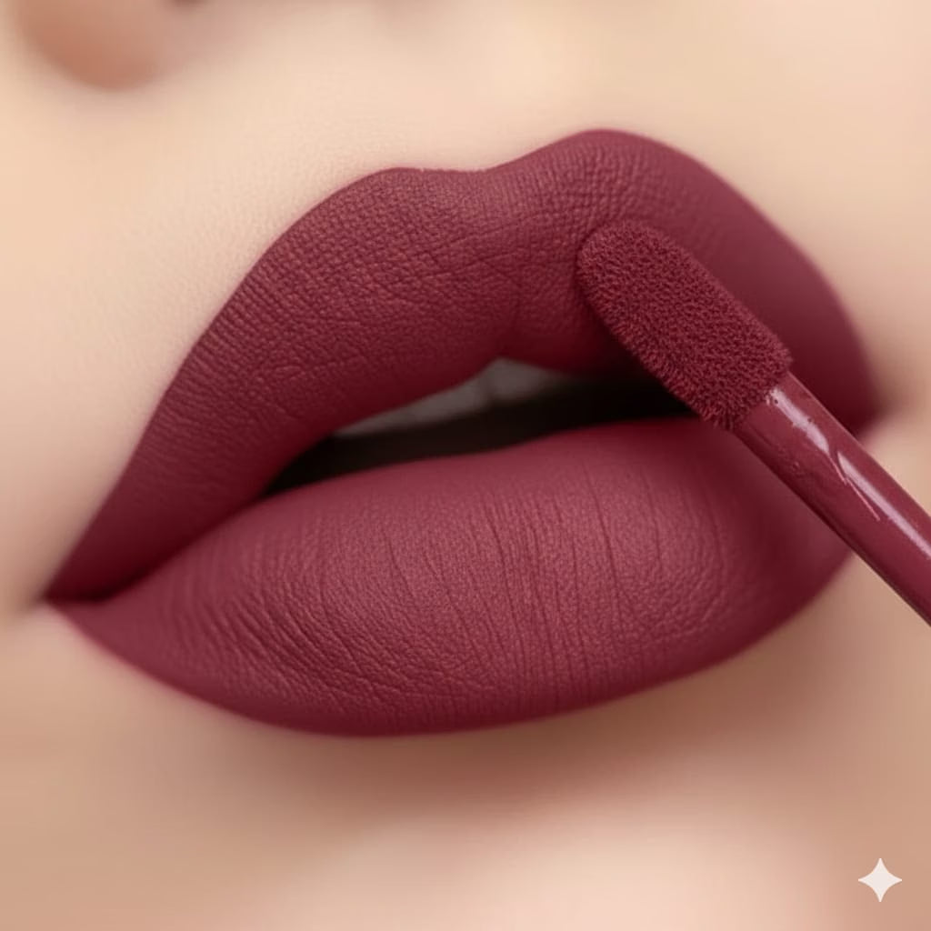 Close-up of a person's lips wearing a matte deep berry lipstick, with a lip gloss applicator applying more of the same shade.
