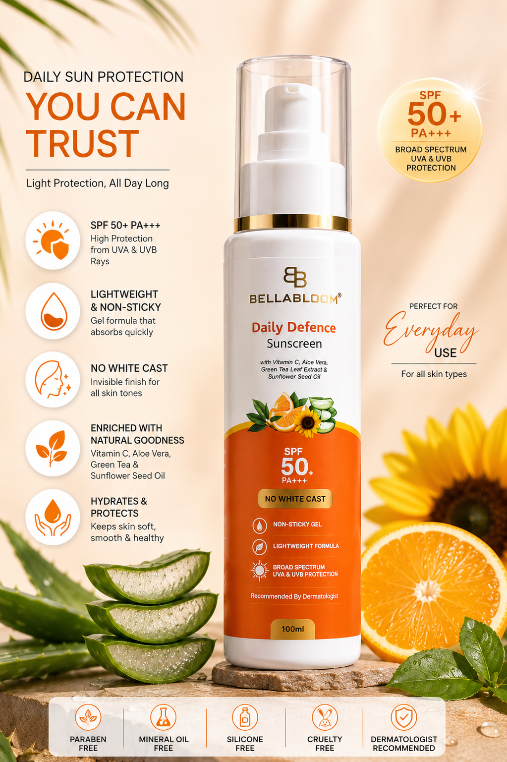 BellaBloom Daily Defence Sunscreen SPF 50+ PA+++ - Daily Sun Protection, Lightweight Non-Sticky No White Cast