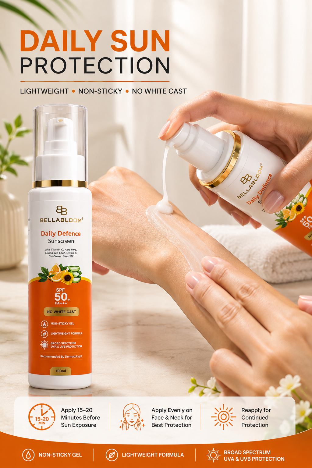 BellaBloom Daily Defence Sunscreen SPF 50+ PA+++ | No White Cast | 100ml