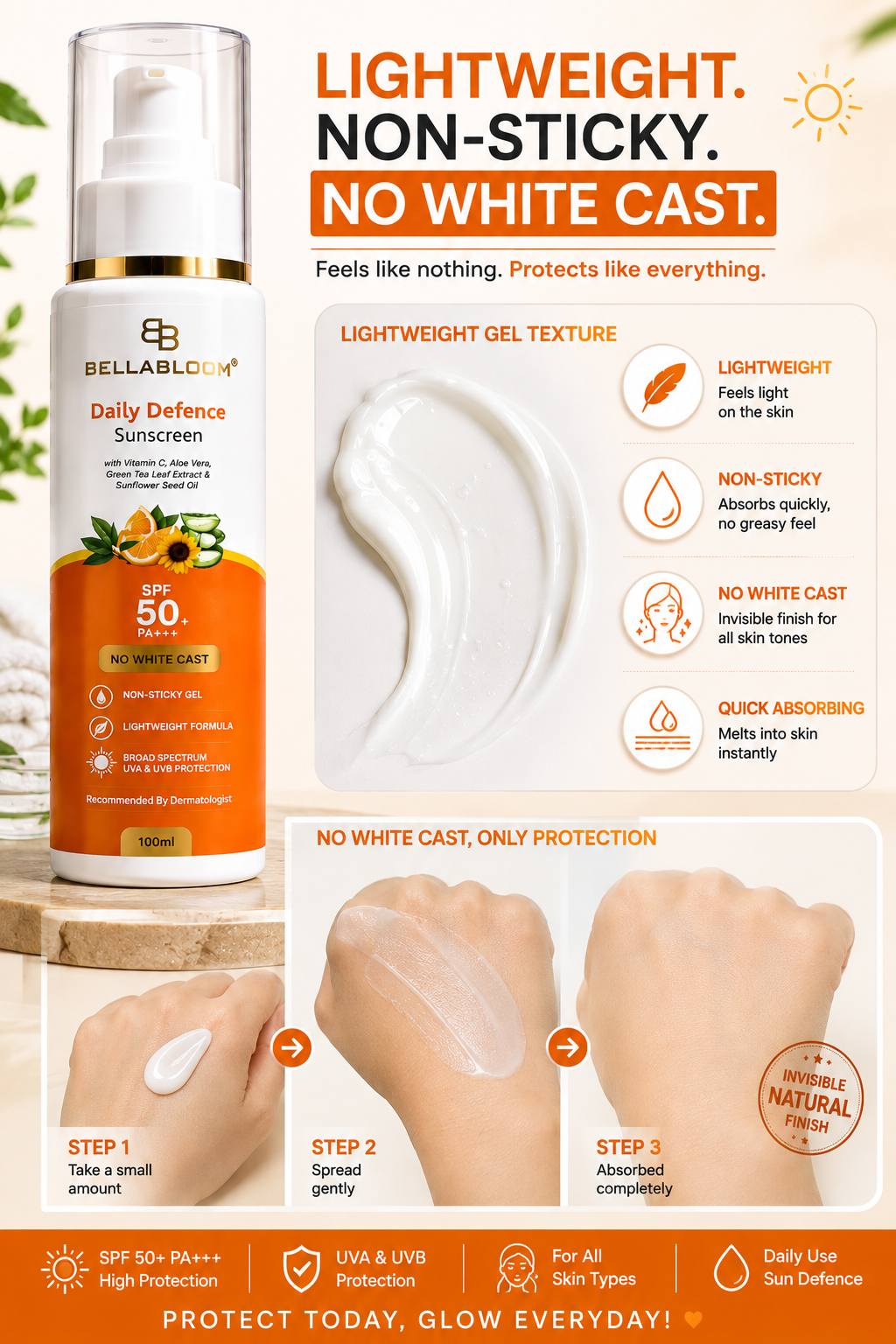 BellaBloom Daily Defence Sunscreen SPF 50+ PA+++ | No White Cast | 100ml