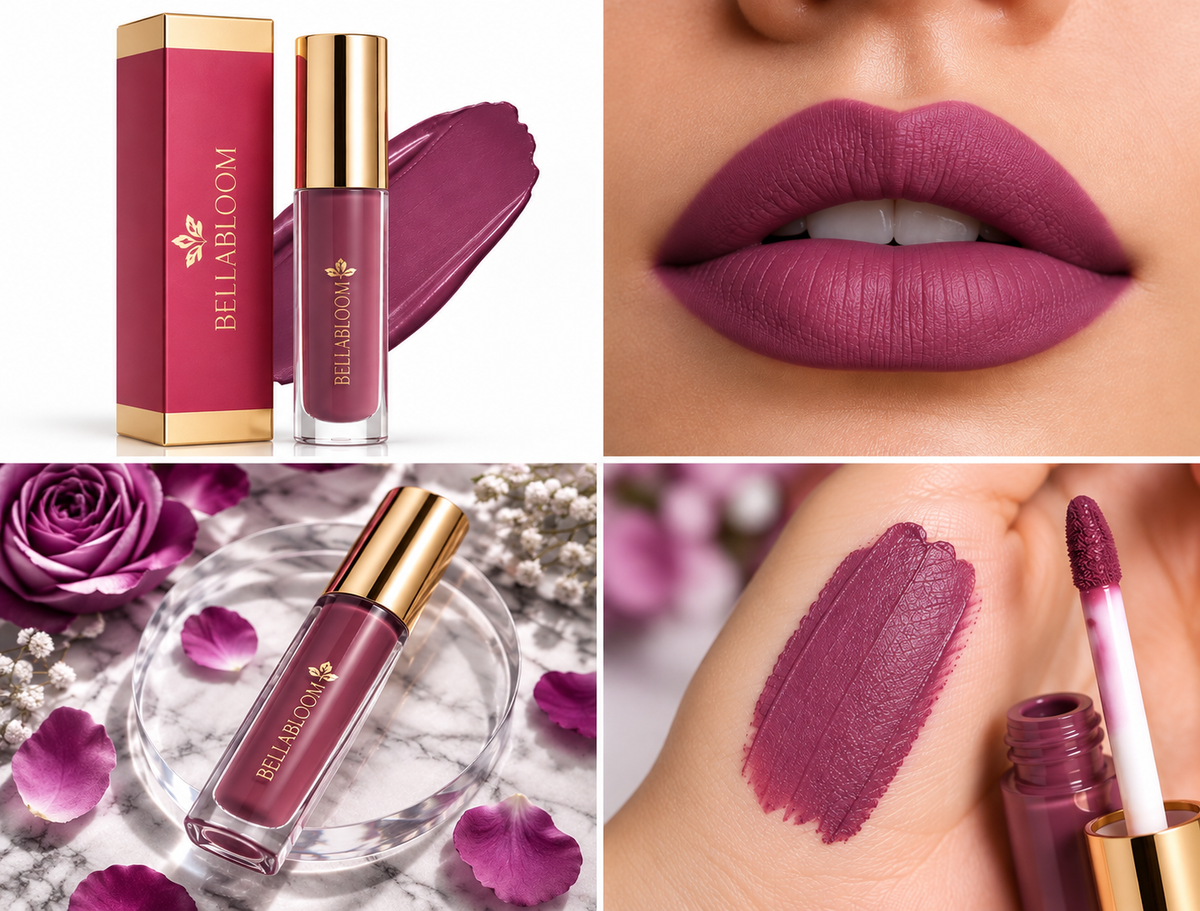 BellaBloom Pink liquid matte lipstick — lips, texture swatch and premium product presentation