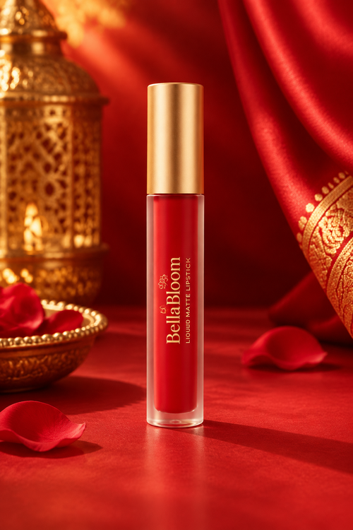 BellaBloom Bright Red lipstick AI product creative