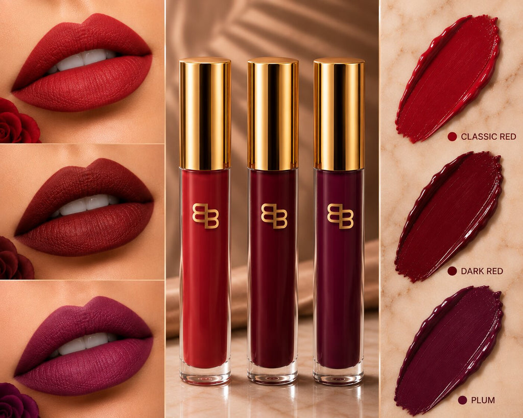 BellaBloom Classic Red, Dark Red & Plum liquid matte lipstick 5ml Ruby Plum Classic Trio family