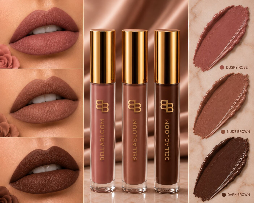 BellaBloom Dusky Rose, Nude Brown & Dark Brown liquid matte lipstick 5ml Rose Mocha Trio family