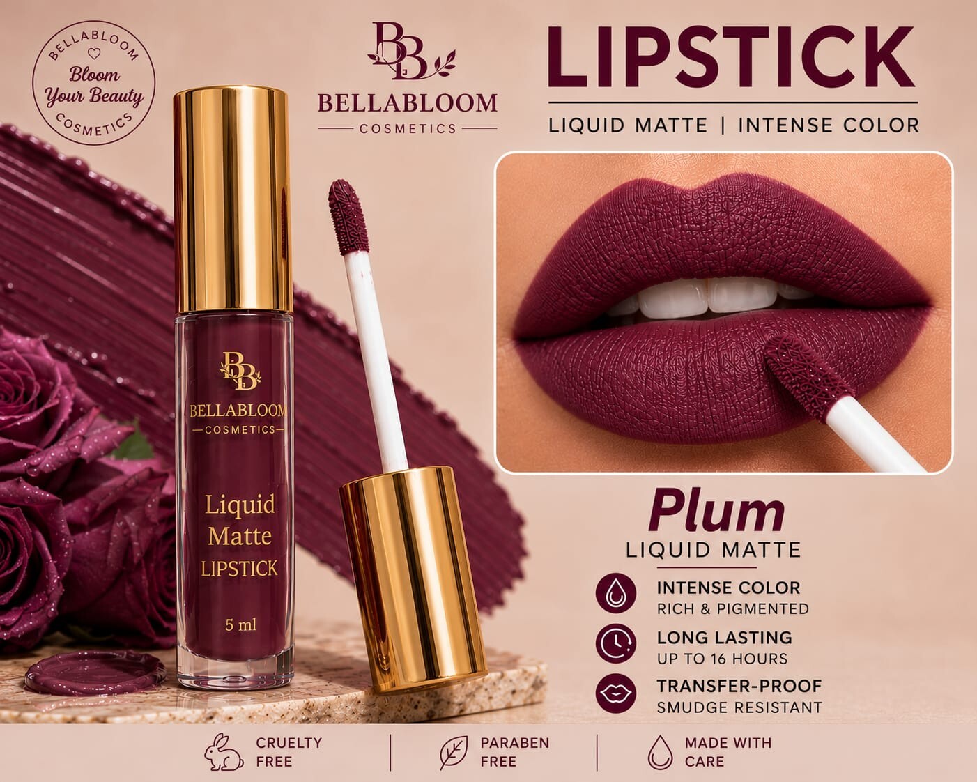BellaBloom Deep Maroon liquid matte lipstick in Maroon Colour Family shade 01