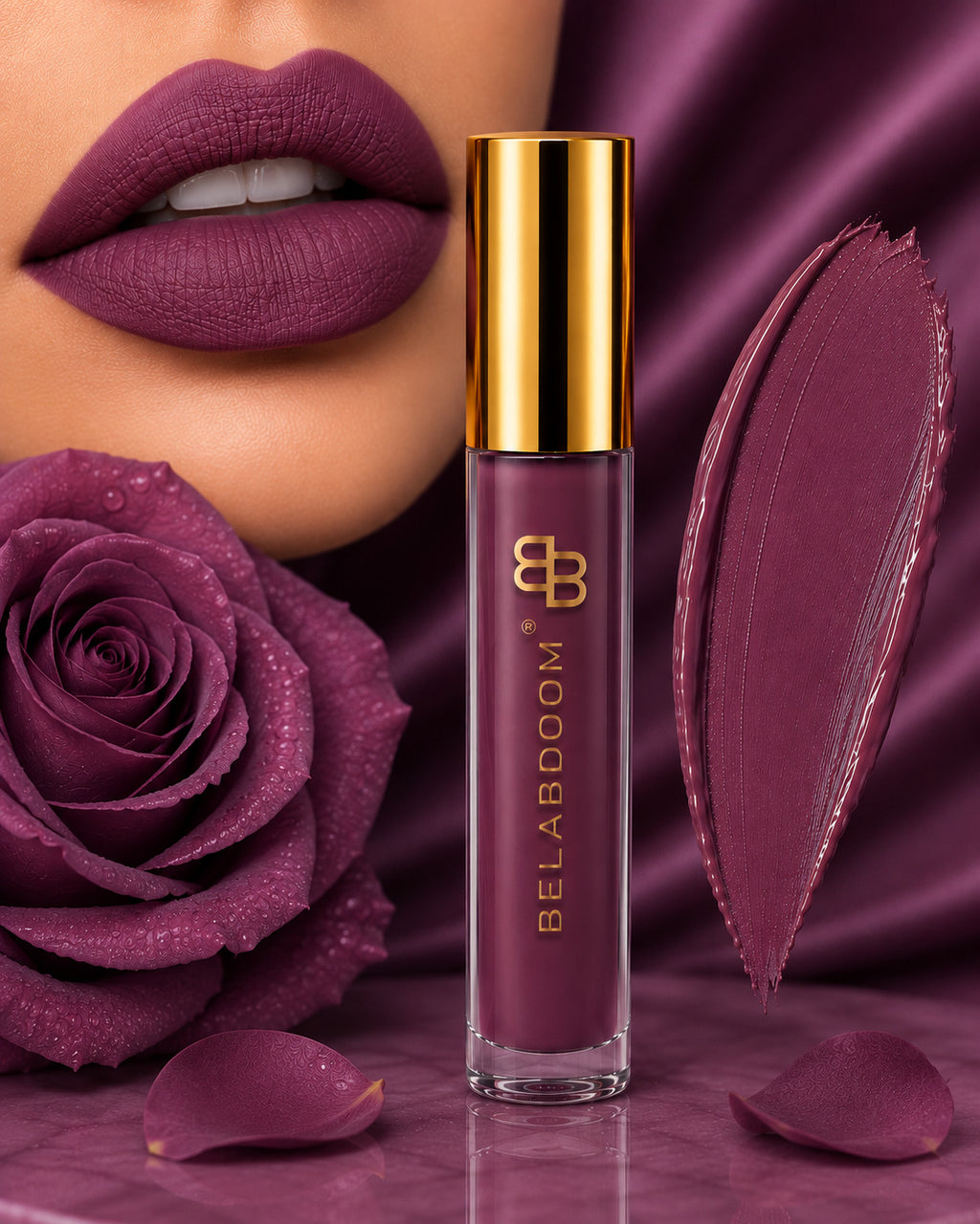 BellaBloom Luxe Liquid Matte Lipstick Royal Purple shade - waterproof transfer proof liquid matte lipstick