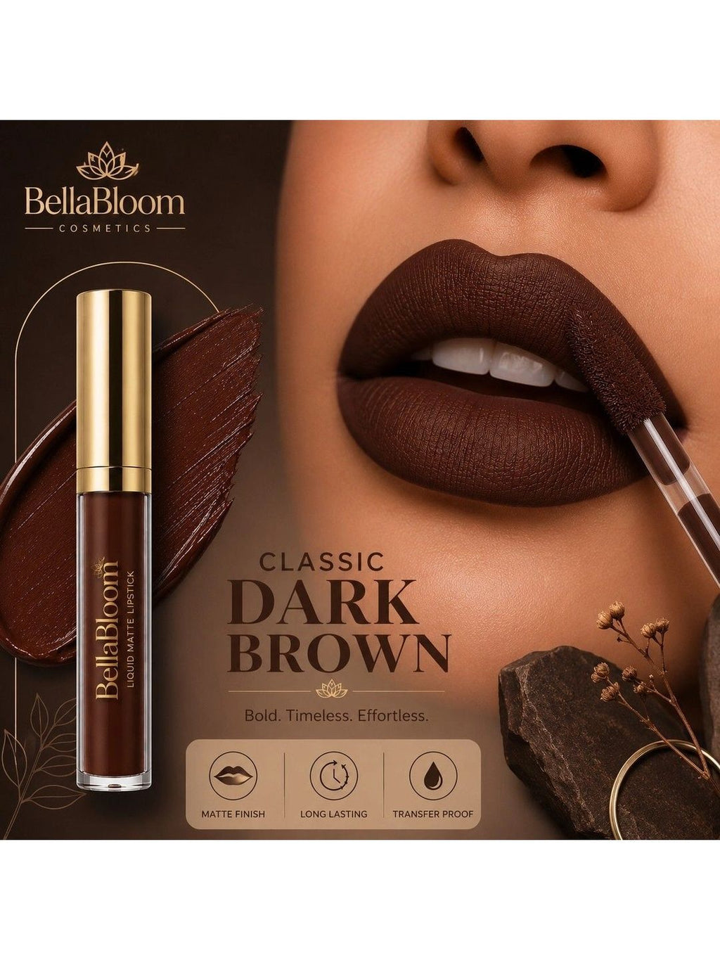 BellaBloom Chocolate Matte - Shade 02 | Liquid Matte Lipstick | Waterproof | Transfer Proof | Long Lasting | 5ml