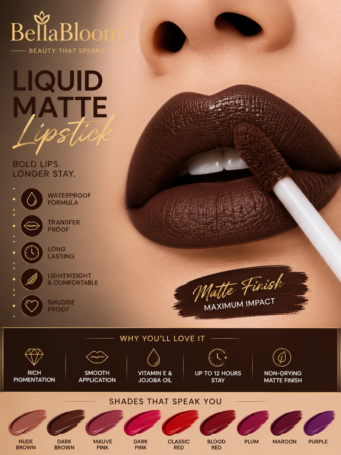 BellaBloom Chocolate Brown Liquid Matte Lipstick | Waterproof | Transfer Proof | Smudge Proof | Long Lasting | 5 ml