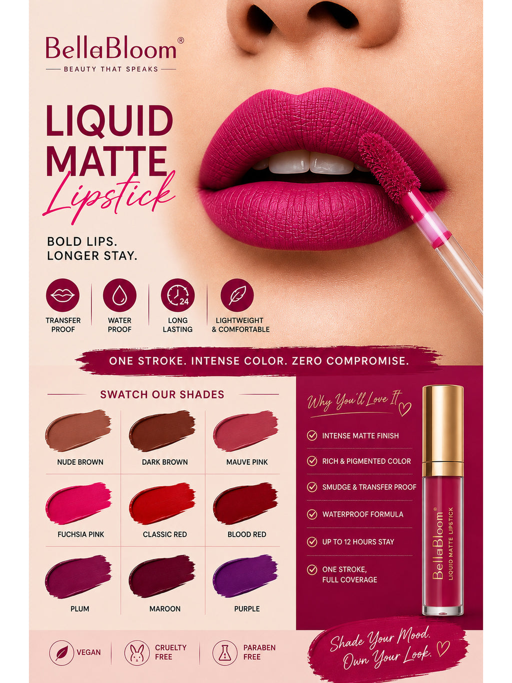 BellaBloom Deep Pink Liquid Matte Lipstick | Waterproof & Transfer Proof | 5ml