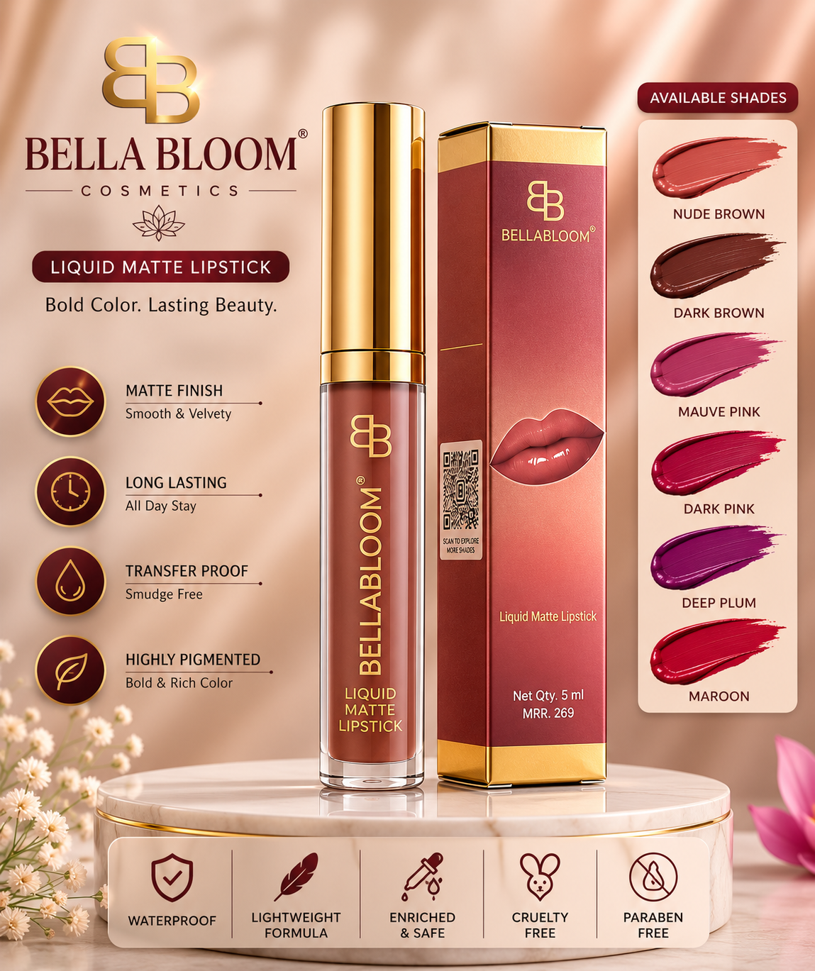 BellaBloom Dried Rose Liquid Matte Lipstick | Waterproof | Transfer Proof | Smudge Proof | Long Lasting | 5 ml