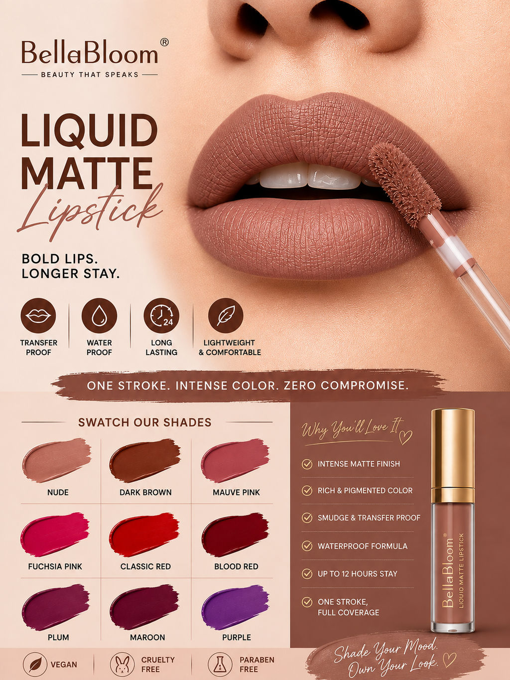 BellaBloom Magenta Pink Liquid Matte Lipstick | Waterproof | Transfer Proof | Smudge Proof | Long Lasting | 5 ml
