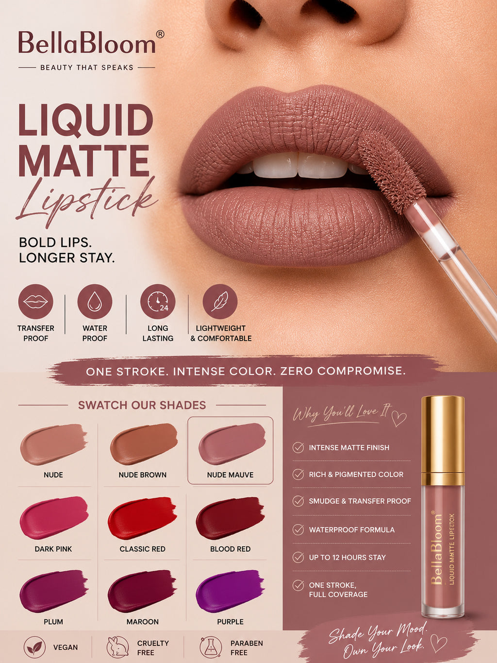 BellaBloom Dried Rose Liquid Matte Lipstick | Waterproof | Transfer Proof | Smudge Proof | Long Lasting | 5 ml
